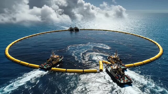 Vessels deploy floating barrier to collect ocean debris