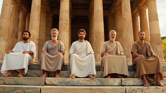 Five men in ancient robes on steps