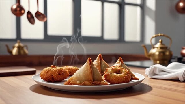 Steaming Golden Samosas and Crispy Vadas Served Fresh on a White Plate in a Sunny Traditional Kitchen
