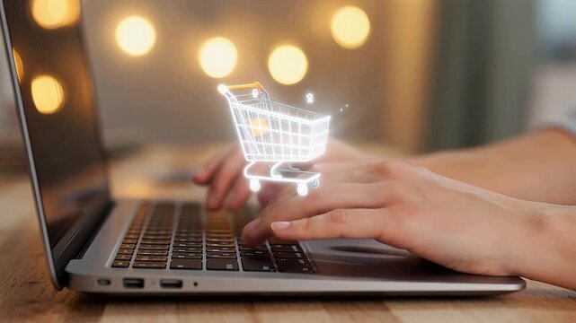 Hands typing on laptop with shopping cart graphic