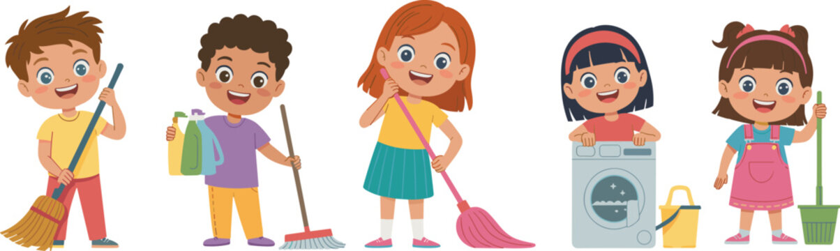 Set of cute diverse children doing household chores including sweeping with brooms, holding cleaning supplies, and using a washing machine, flat vector illustration