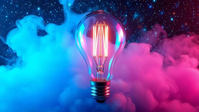Light bulb glowing in cosmic space