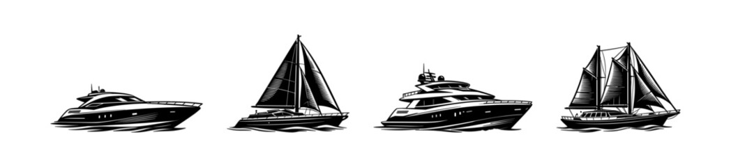 Obraz premium Flat vector icons set of marine vessels: boats, yachts, and cruise ships illustrations