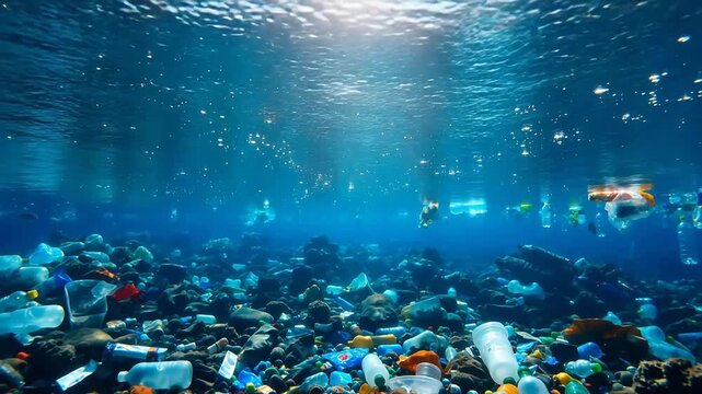 Underwater scene with plastic waste