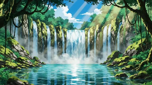 Majestic anime jungle waterfall cascading into a clear blue pool, ideal for fantasy game backgrounds or serene nature projects.