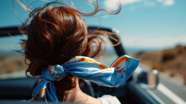 Woman driving convertible car on scenic open road trip with blue scarf hair blowing in warm summer sun enjoying freedom outdoors adventure