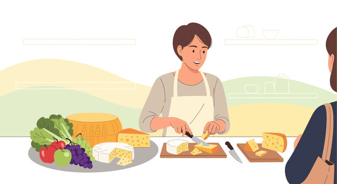 Artistic Representation Of A Cheese Monger Preparing Slices For Customer