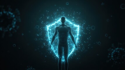 Human body protected by glowing blue shield against viruses and bacteria in dark background