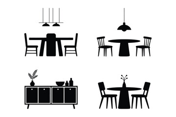Fototapeta premium Dining Room Icons: Tables, Chairs, and Cabinet Silhouettes