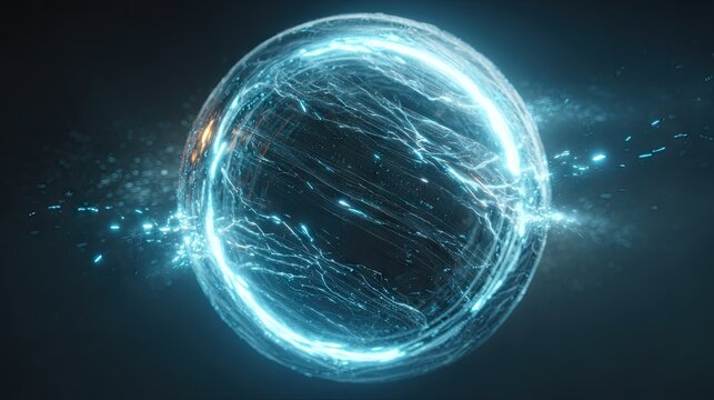 Abstract glowing energy sphere with lightning effects on dark background