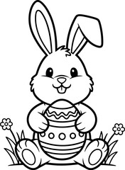 Obraz premium Cute cartoon black and white outline drawing of an adorable bunny rabbit sitting down while happily holding a large decorated easter egg perfect for coloring pages.