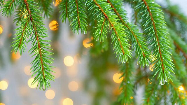Green pine branches with water droplets