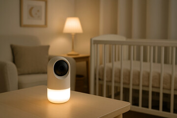Smart home parenting with minimal baby monitor camera and gentle night light in a modern nursery room. Modern clean product scene ideal for childcare technology and parenting apps.