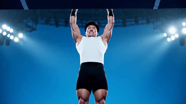 Muscular man performing pull-ups under stadium lights
