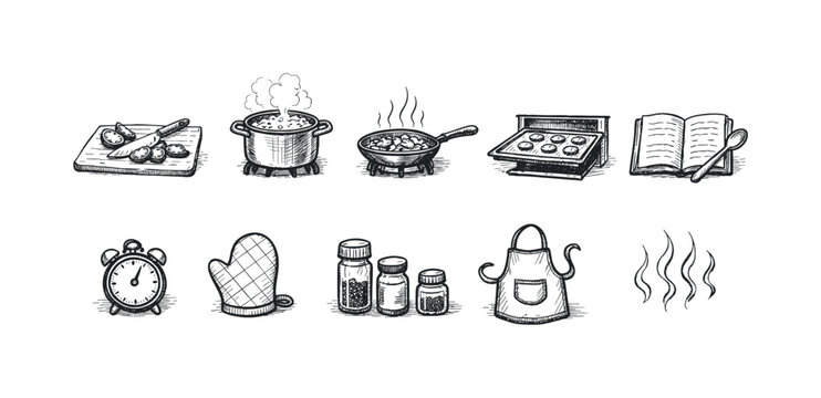 Cooking and baking flat icon set for kitchen essentials and culinary tools