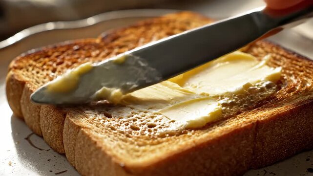 Melting butter spreading on warm golden toast 4K Video