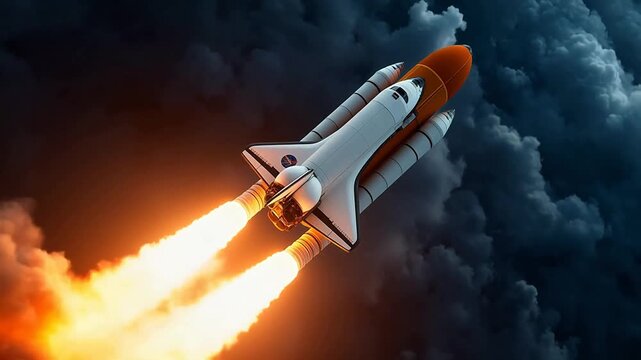 Space shuttle in flight with rocket boosters