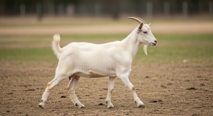 Obraz premium White goat walking across a field in the countryside, sunny day.