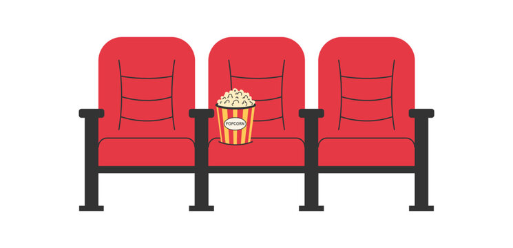 Row of red cinema seats with popcorn bucket. Movie theater auditorium seating for screening and movie night concept