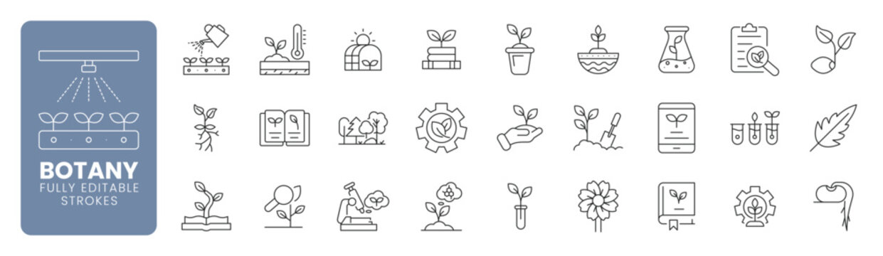Botany and plant science web line icon set with gardening research growth and laboratory concepts. Editable stroke