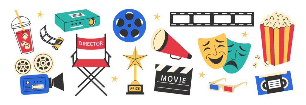 Set of cinema and movie icons with popcorn, projector, director chair, clapperboard, film reel and 3D glasses