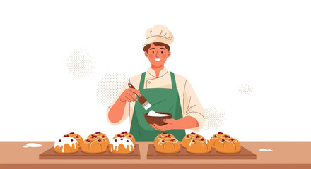 Cheerful Baker Frosting Pastries With Deliciousness And Ready To Serve Fresh Treats