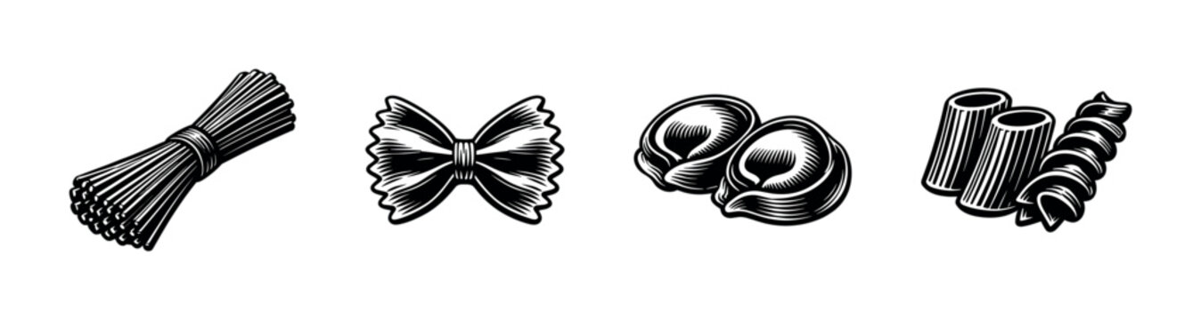 Pasta flat vector icons set. spaghetti, ravioli, bow tie, rigatoni graphics collection