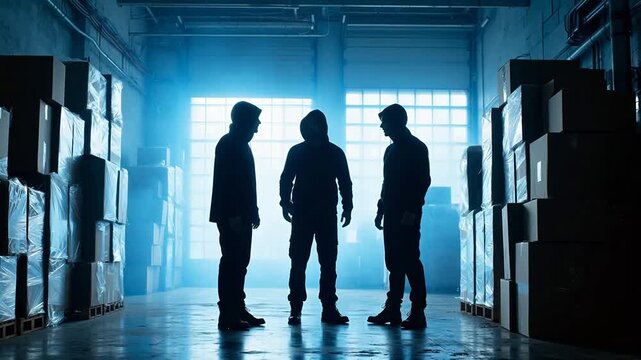 Three silhouettes in a warehouse