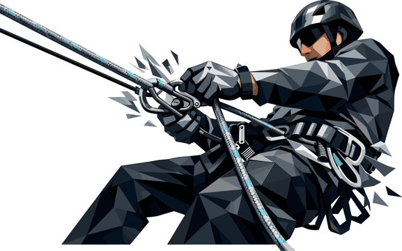 Low-poly vector illustration of a climber preparing a rope rescue, angular stance anchored low with knees bent and torso leaning