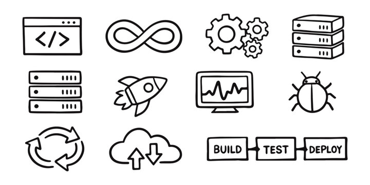 Hand-drawn DevOps pipeline and software development icons including build, test, deploy, and debugging.