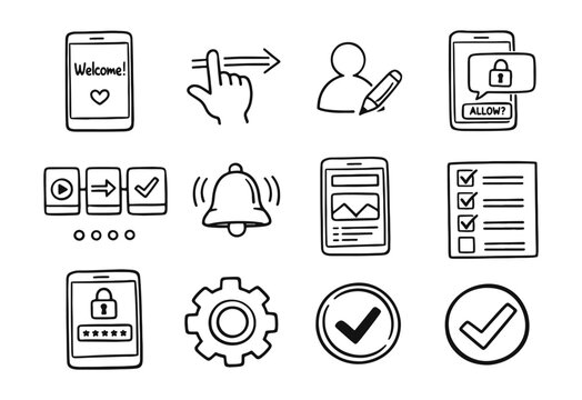 Doodle style icons for mobile app onboarding, user security, notifications, and interaction elements.