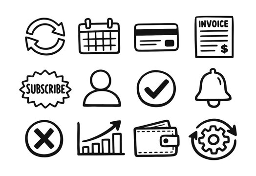 Business Process and Subscription Hand-Drawn Icon Set: Calendar, Payments, User, and Growth Doodle Icons