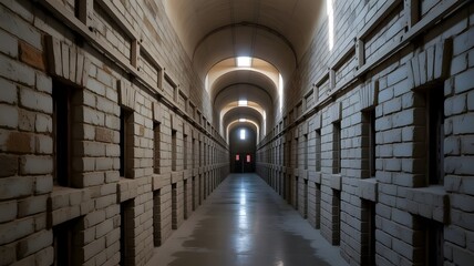Fototapeta premium Abandoned Prison Corridor with Arched Ceiling and Cell Doors, Dimly Lit