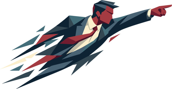 Low-poly vector illustration of a leader accelerating into a forward-pointing gesture, dynamic diagonal composition with the arm