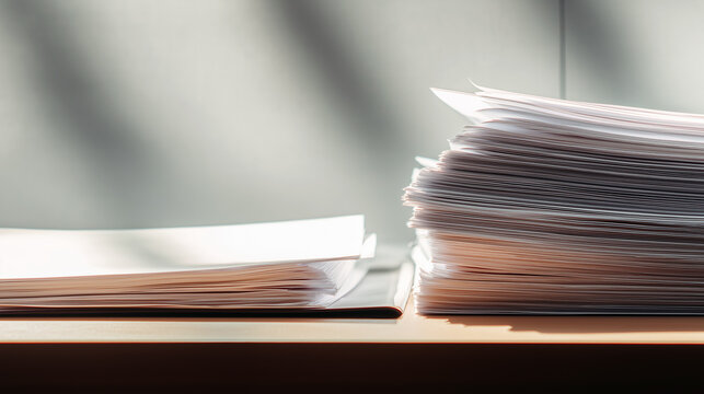 Sunlit Desk Stacked Paperwork With Soft Shadows, Shallow Depth Of Field Draws Attention To Textured Page Edges And Neat Bundle, Wooden Tabletop, Warm Lateafternoon Light, Blurred Background Conveys