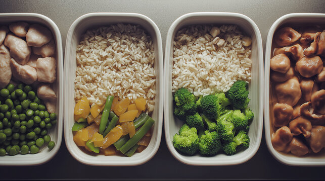 Three White Containers With Rice And Broccoli, Peas And Mushrooms Arranged For Plantbased Office Lunches, Portioncontrolled Servings And Simple Clean Aesthetic, Batchcooked Weekday Meals, Reheatable