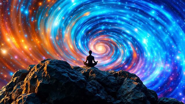 Person meditating on rocks with galaxy background