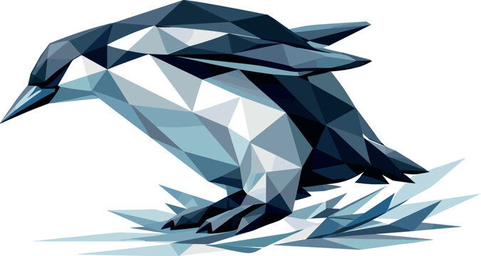 Low-poly vector illustration of a penguin preparing to slide on ice, upright angular stance transitioning into a crouch, faceted