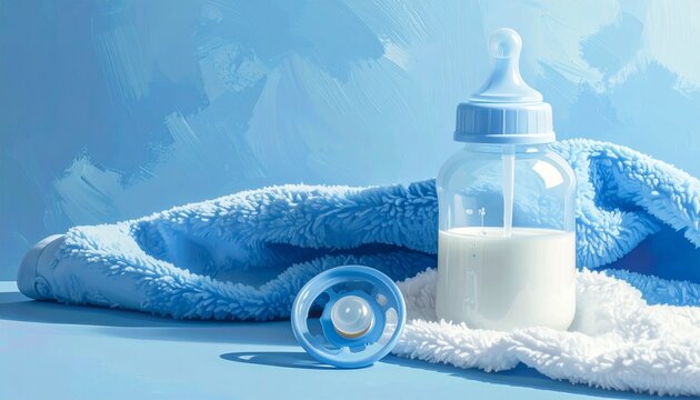 Baby Bottle with Milk, Pacifier, and Soft Towel on Blue Surface