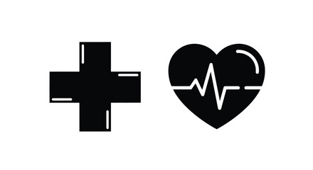 Obraz premium Black medical cross and heart with electrocardiogram line on white