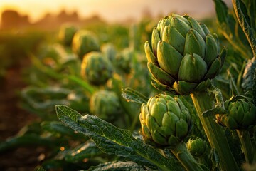 Obraz premium Artichoke plants with ripe purplish flower heads growing in the agricultural field ready to harvest. Close-up farm with artichoke plants. Natural growth and organic farming practices. Golden sunlight