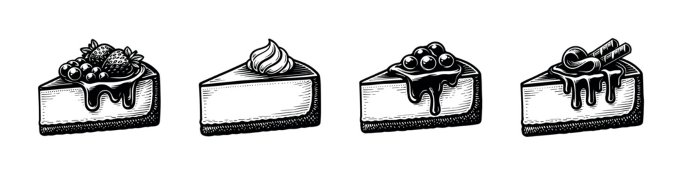 Dessert icons set: flat vector icons of cheesecake slices with sweet toppings collection