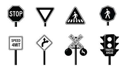 Collection of various black and white road signs and traffic signals © Nasima