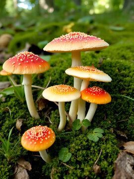A group of young beechwood sickener mushrooms (russula nobilis) in late summer