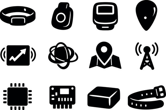 Solid vector icons of activity tracking devices: fitnessband, cliptracker, pedometer, sensor, accelerometer, gyroscope, gps,