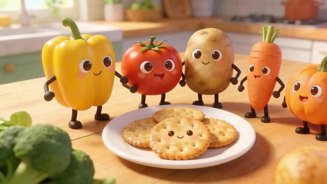 Animated vegetables and crackers engaging in a playful kitchen dance scene