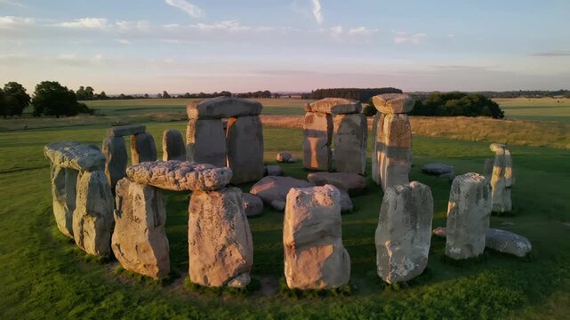 Discovering Stonehenge at sunset in the English countryside with views of ancient history and landscape in four frames