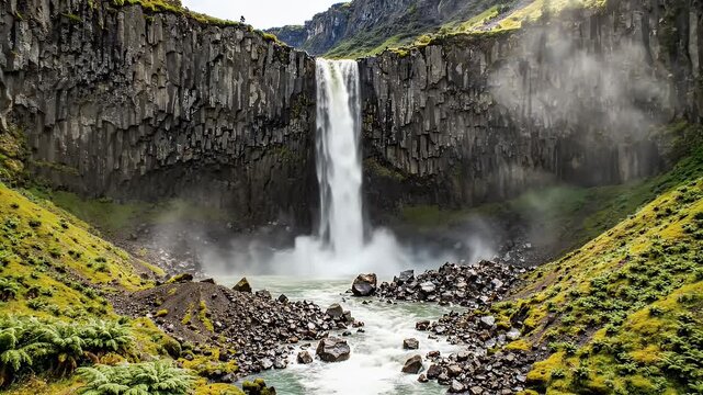 Majestic waterfall plunges over basalt columns surrounded by lush green mossy slopes