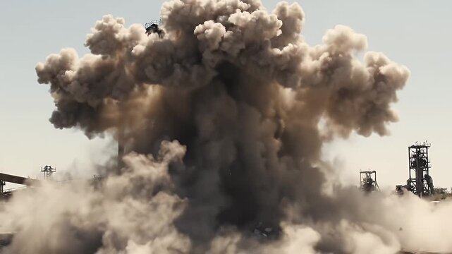 Massive industrial explosion blasts debris into the sky amidst factory structures