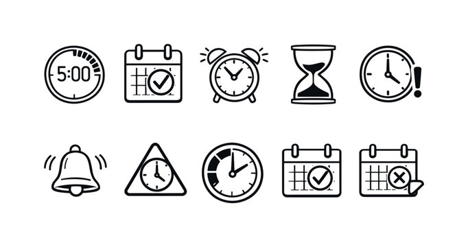 Time management outline icon set. Clocks, calendars, alarms, and stopwatch icons